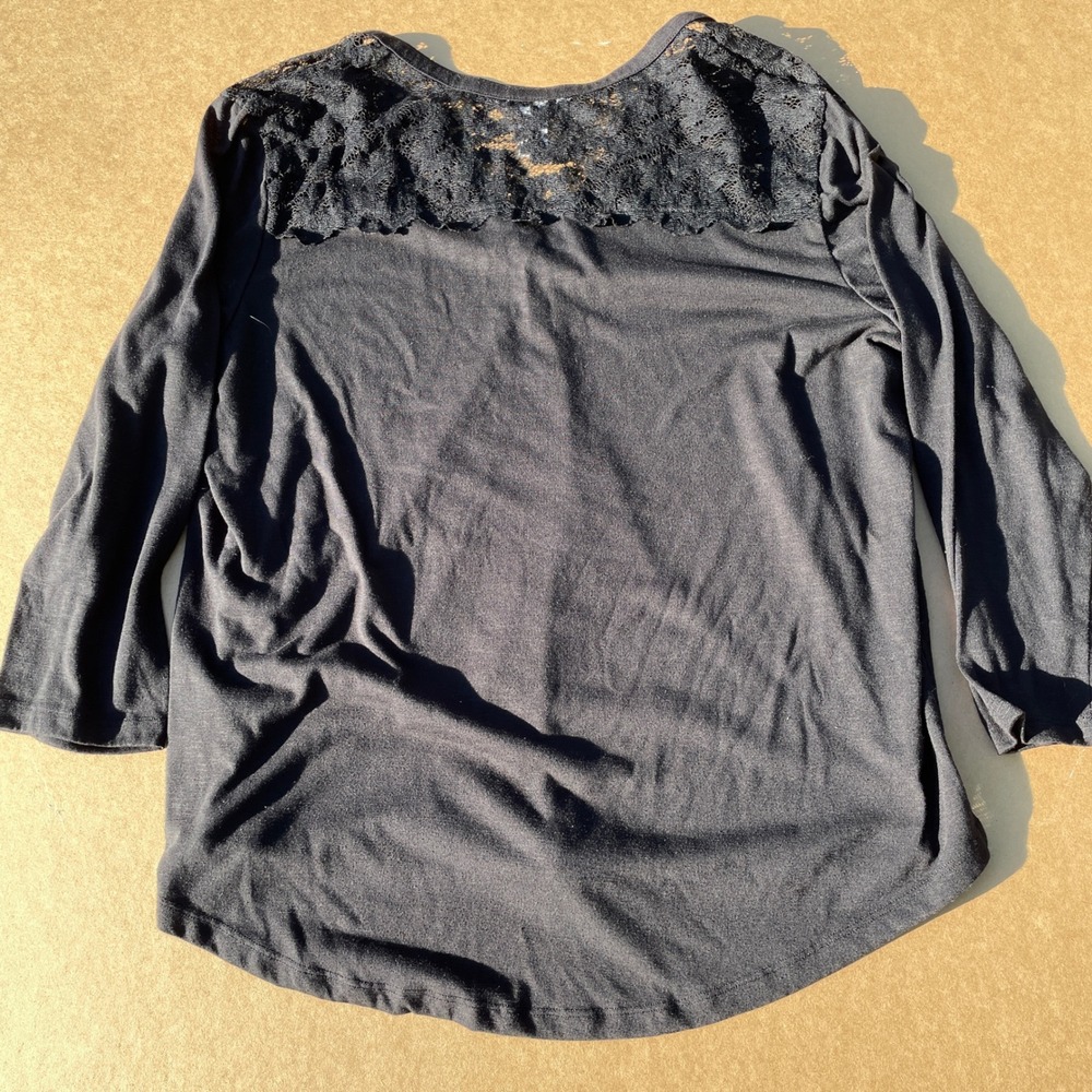 H&M Lace Trim Top Womens Large Black Casual Office 3/4 Sleeve V-Neck Blouse - Picture 7 of 8